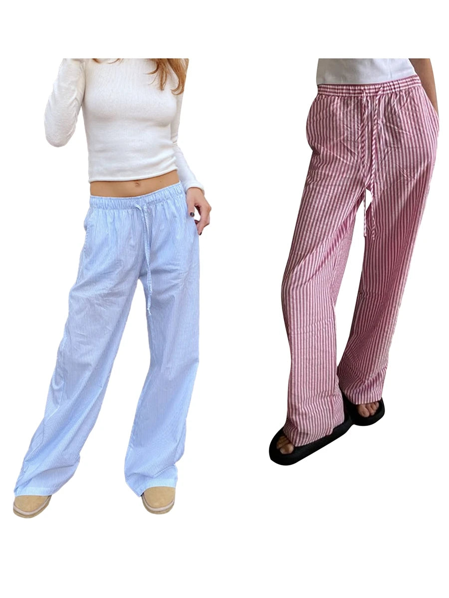 2024 New Fashion Traf Women Casual Stripe Print Pants Drawstring Elastic Waist Loose Straight Long Pants with Pockets Streetwear