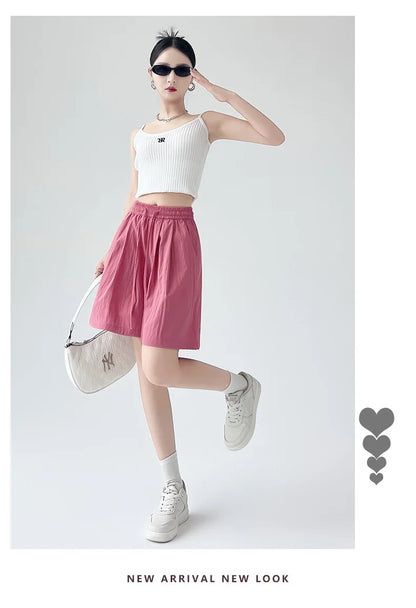 Summer Women Shorts Casual Solid Two Pockets Elastic Waist Shorts high Waist Loose Shorts For Girls Soft Female Beach Shorts