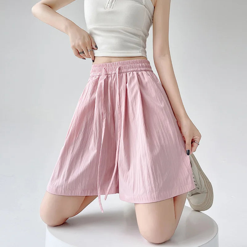 Summer Women Shorts Casual Solid Two Pockets Elastic Waist Shorts high Waist Loose Shorts For Girls Soft Female Beach Shorts