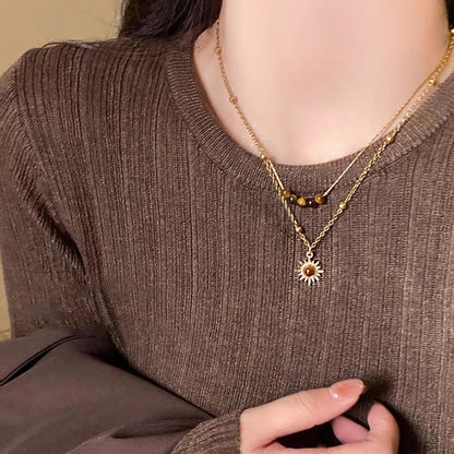 Fashion Brown Natural Stone Pendant Necklace Aesthetic Jewelry Golden Metal Chain Double-layer Necklace for Women Girls Gift