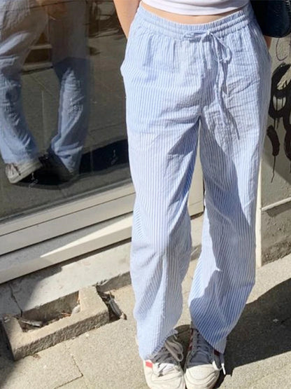 2024 New Fashion Traf Women Casual Stripe Print Pants Drawstring Elastic Waist Loose Straight Long Pants with Pockets Streetwear