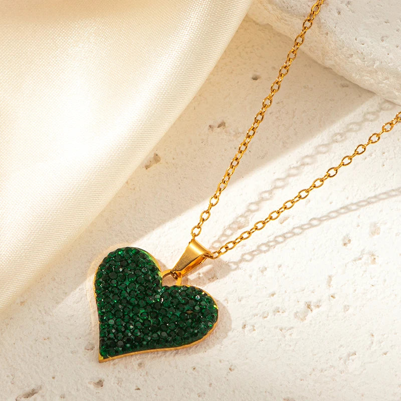 ANENJERY 316L Stainless Steel Green White Zircon Love Heart Necklace Earrings For Women Sparkling Jewelry Gifts Wholesale