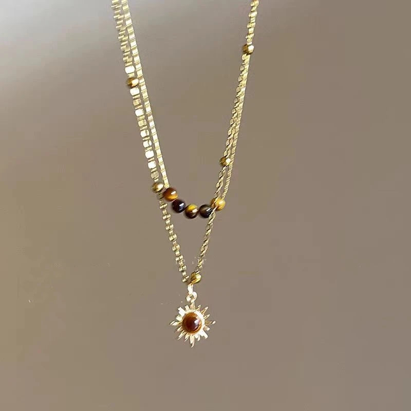 Fashion Brown Natural Stone Pendant Necklace Aesthetic Jewelry Golden Metal Chain Double-layer Necklace for Women Girls Gift