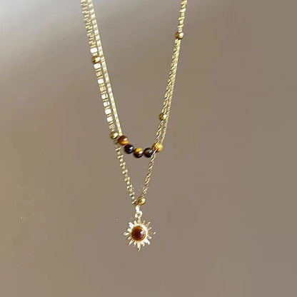 Fashion Brown Natural Stone Pendant Necklace Aesthetic Jewelry Golden Metal Chain Double-layer Necklace for Women Girls Gift