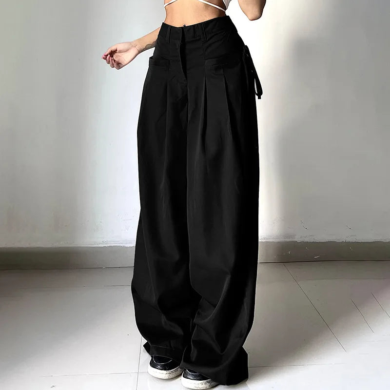 Shirring Casual Wide Leg Pants Women High Waist Street Basic Loose Sweat Trousers Korean Retro Gray Office Y2K Lady Pants