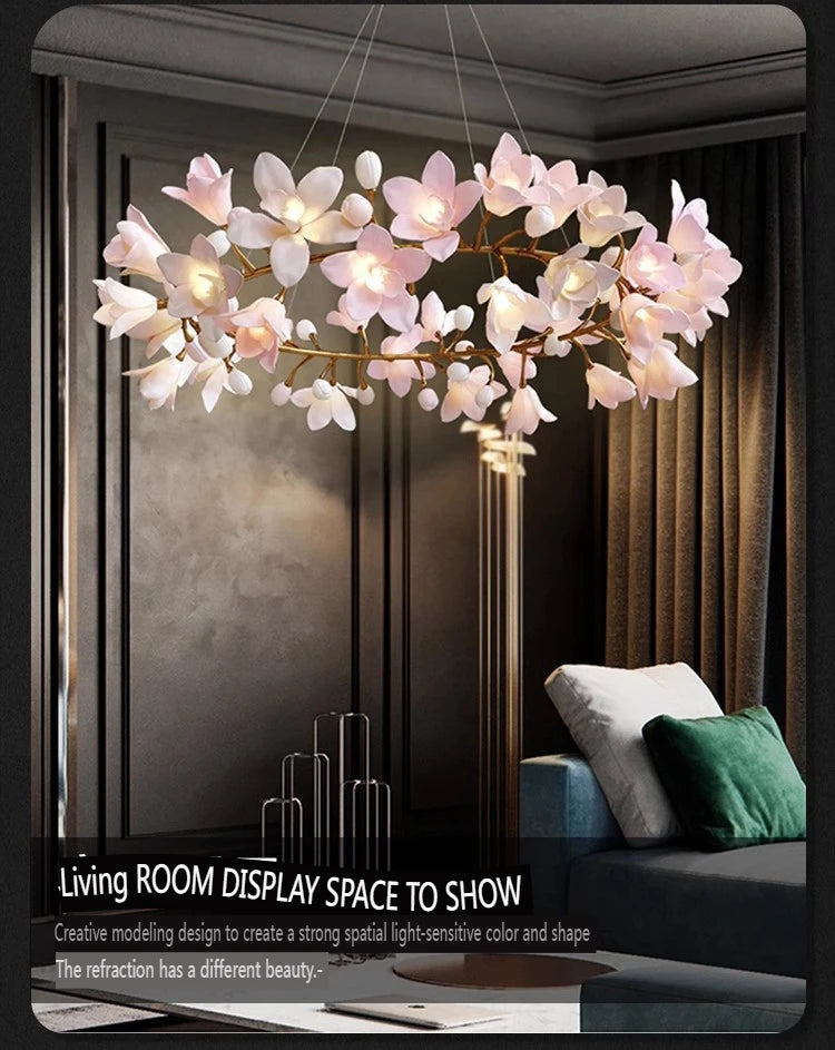 French Pink Flower Pendant Chandelier For Living Room Kitchen Island Copper Iron Branches Round Flower Pendant Light Fixture
