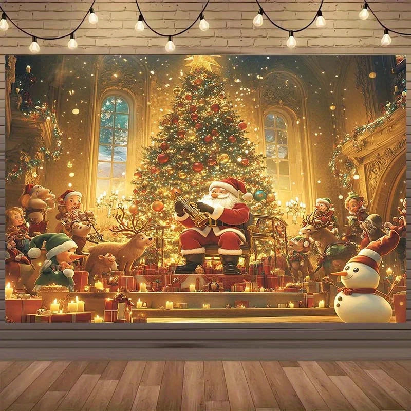 Christmas themed background, including Santa Claus, deer, holiday tree, and candles