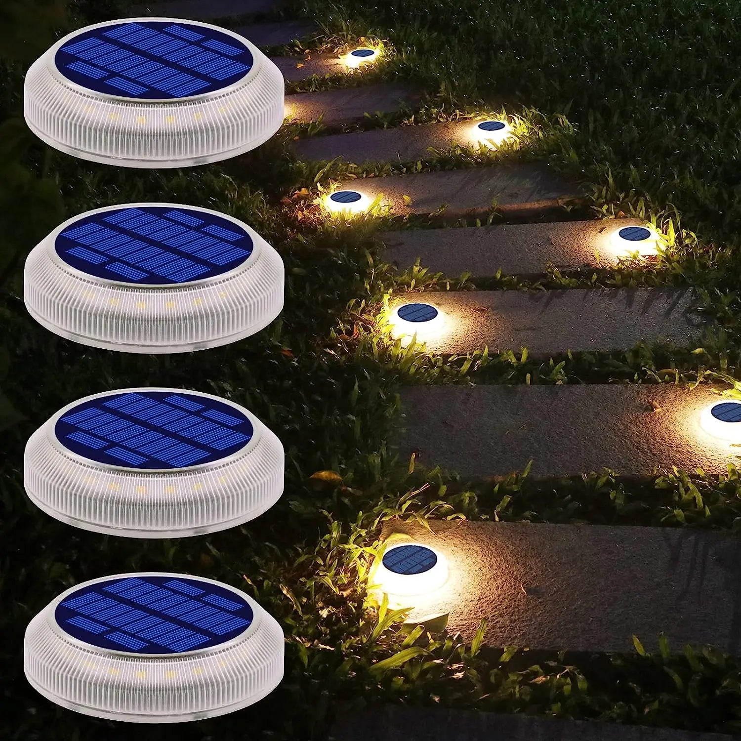 4 Pack Solar Ground Step Lights Waterproof IP68  Auto On/OFF Led Solar Light for Railing Stairs Yard Patio Pathway Driveway Lamp