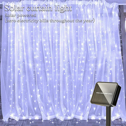 Outdoor Solar Curtain Light 3x3M 300Leds Holiday Decorations Garland 8 Modes Halloween Christmas Party Decor String Lights