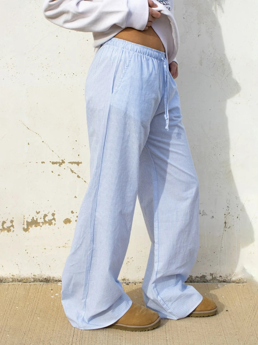 2024 New Fashion Traf Women Casual Stripe Print Pants Drawstring Elastic Waist Loose Straight Long Pants with Pockets Streetwear