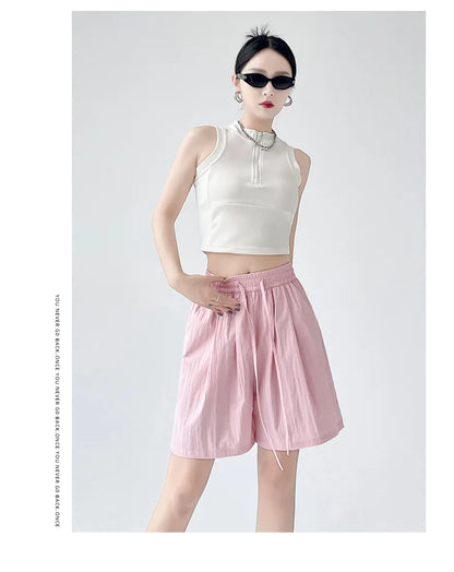 Summer Women Shorts Casual Solid Two Pockets Elastic Waist Shorts high Waist Loose Shorts For Girls Soft Female Beach Shorts