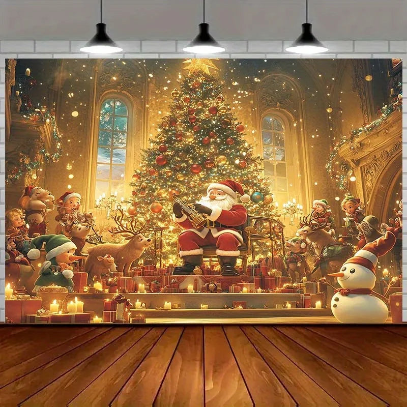 Christmas themed background, including Santa Claus, deer, holiday tree, and candles