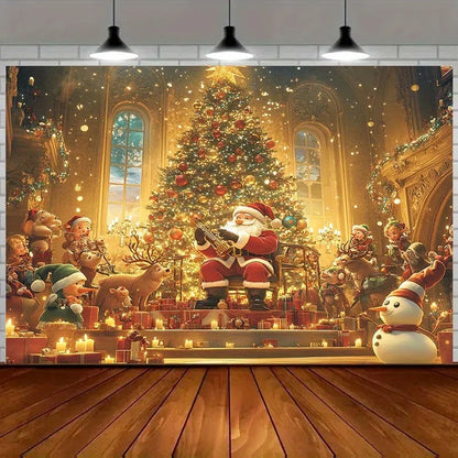 Christmas themed background, including Santa Claus, deer, holiday tree, and candles