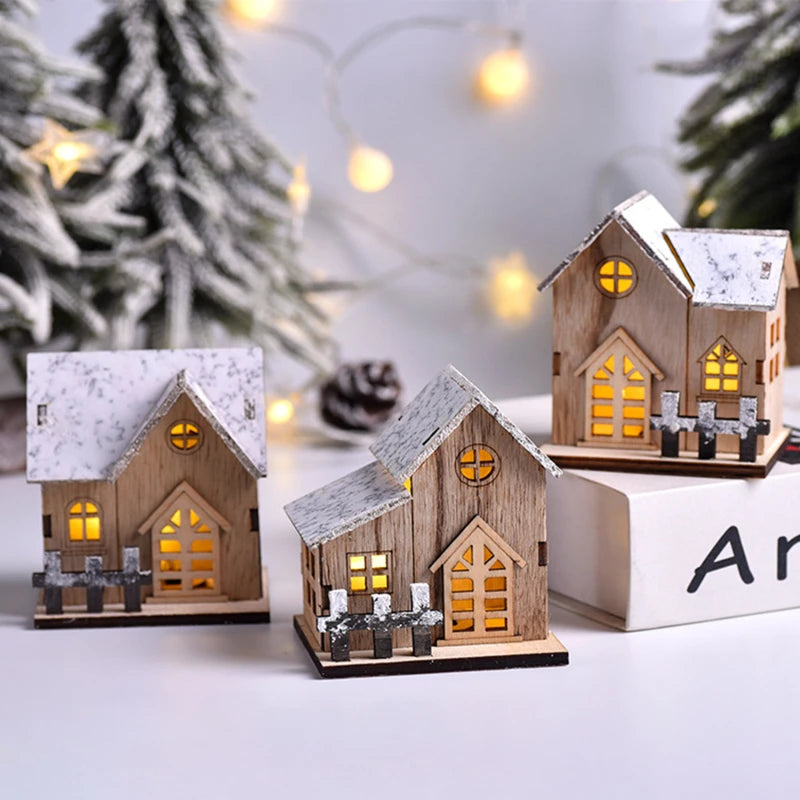 Christmas Home Decoration LED Luminous Wooden House Small House Xmas Tree Desktop Decoration Happy New Year Give Gifts Friends