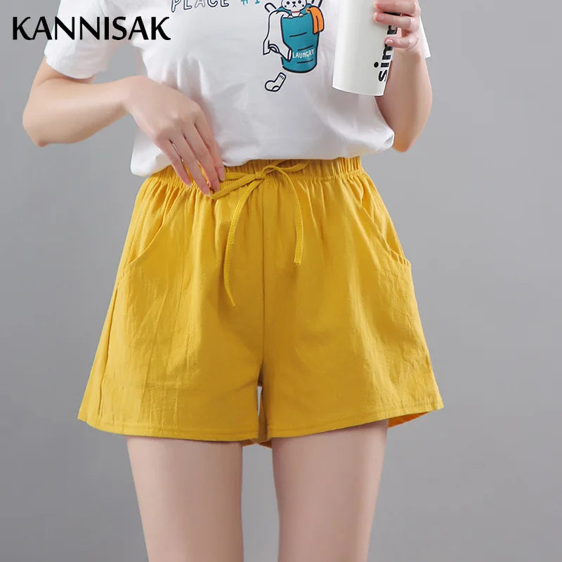 Women Shorts Summer 2025 Korean Wide Leg Casual Solid Drawstring Elastic Waist Shorts Girls Cotton Women&