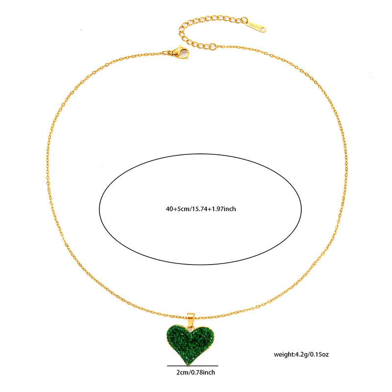 ANENJERY 316L Stainless Steel Green White Zircon Love Heart Necklace Earrings For Women Sparkling Jewelry Gifts Wholesale