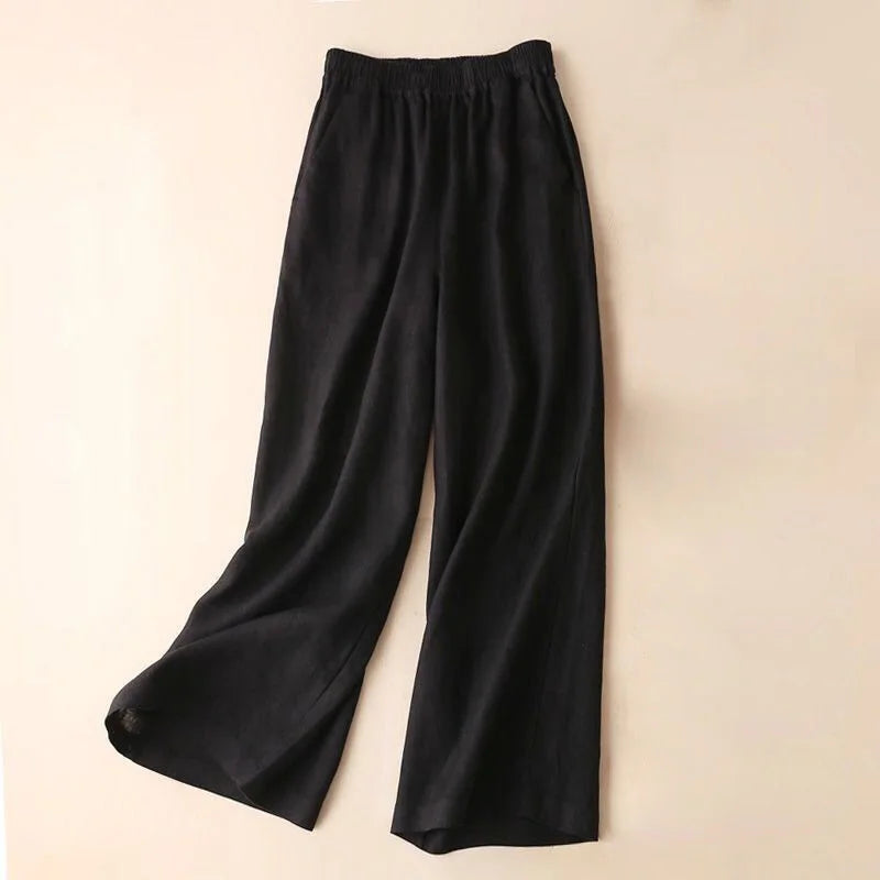 Fashion Full Length Casual Pants for Women Cotton Linen Wide Leg Pants Solid Summer Pants Female Loose High Waist Straight Trous