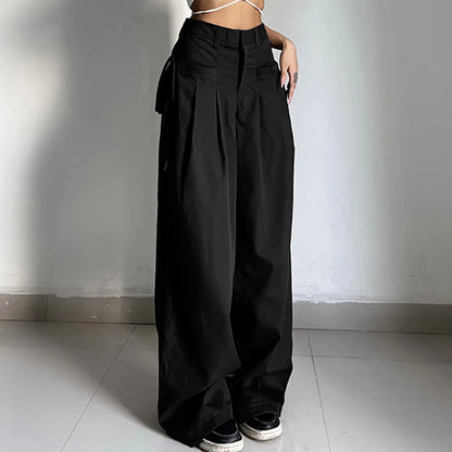 Shirring Casual Wide Leg Pants Women High Waist Street Basic Loose Sweat Trousers Korean Retro Gray Office Y2K Lady Pants