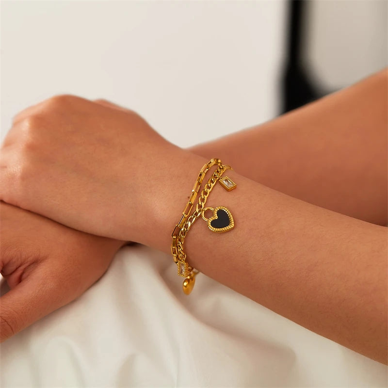 316L Stainless Steel New Fashion Fine Jewelry Black White Double-sided Seashell Zircon Heart Charm Chain Bracelets For Women