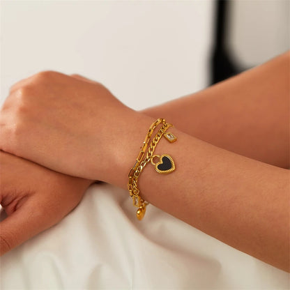 316L Stainless Steel New Fashion Fine Jewelry Black White Double-sided Seashell Zircon Heart Charm Chain Bracelets For Women