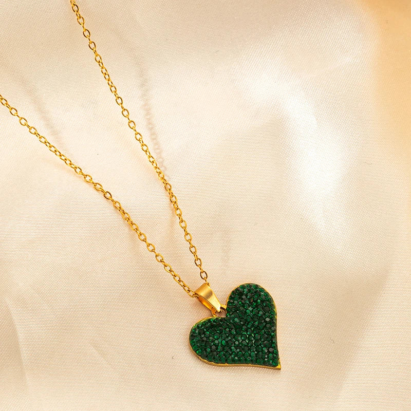 ANENJERY 316L Stainless Steel Green White Zircon Love Heart Necklace Earrings For Women Sparkling Jewelry Gifts Wholesale