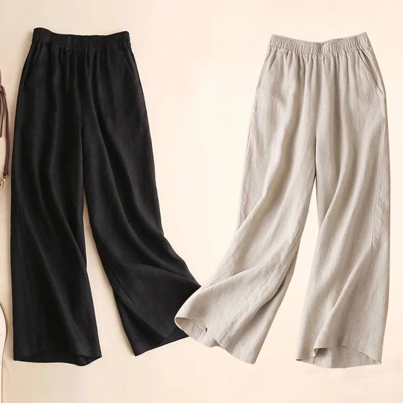 Fashion Full Length Casual Pants for Women Cotton Linen Wide Leg Pants Solid Summer Pants Female Loose High Waist Straight Trous