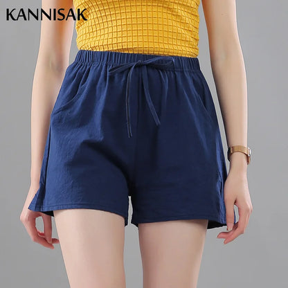Women Shorts Summer 2025 Korean Wide Leg Casual Solid Drawstring Elastic Waist Shorts Girls Cotton Women&