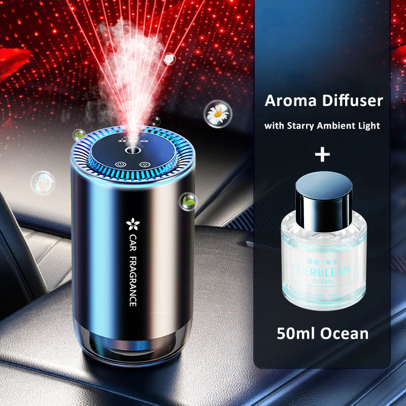 Car Aroma Diffuser with LED Starry Ambient Light 50ml Cologne Perfume Car Air Freshener Flavoring for Cars Fragrance Diffusers