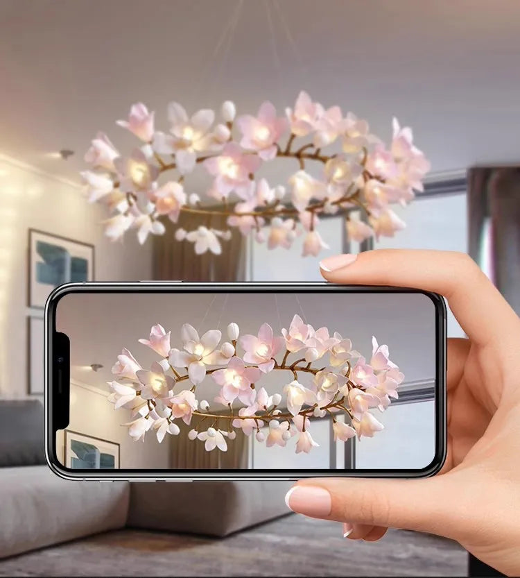 French Pink Flower Pendant Chandelier For Living Room Kitchen Island Copper Iron Branches Round Flower Pendant Light Fixture