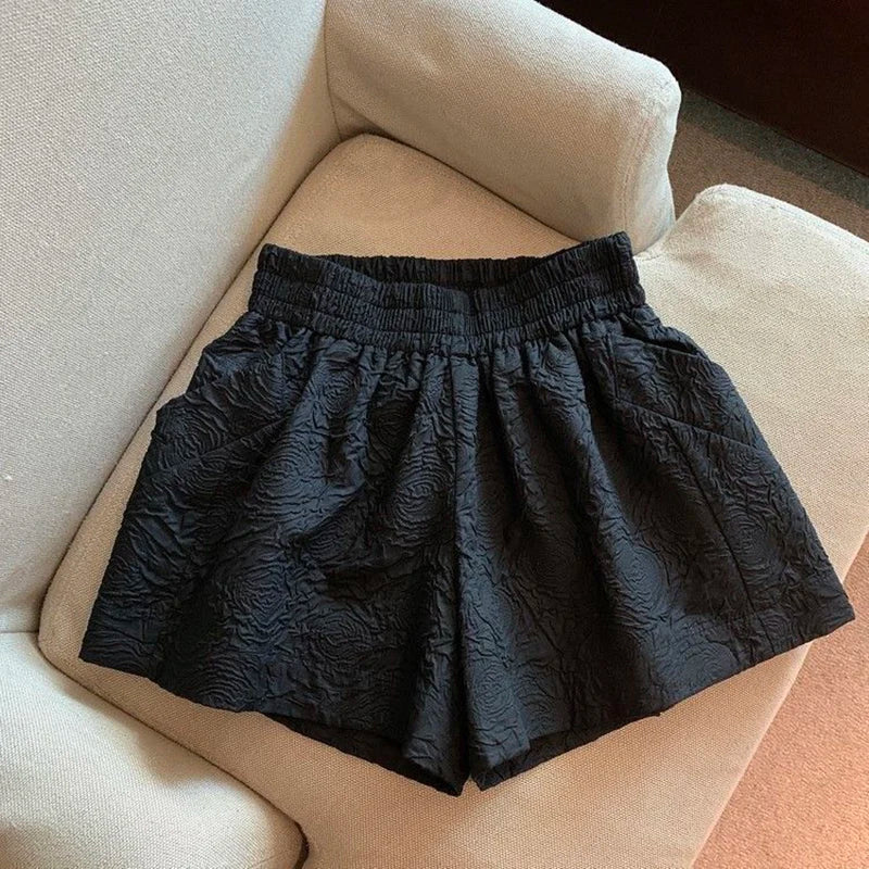 Lucyever Black White Jacquard Shorts Women 2022 Summer Elastic High Waist Pockets Wide Leg Shorts Woman Streetwear Half Pants