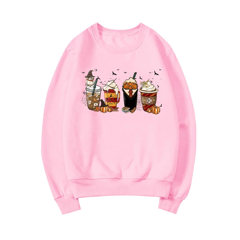 Latte Coffee Halloween Witch School Sweatshirt Fall Coffee Pumpkin Hoodies Retro Halloween Sweatshirt Vintage Halloween Gift Top
