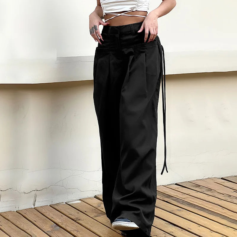 Shirring Casual Wide Leg Pants Women High Waist Street Basic Loose Sweat Trousers Korean Retro Gray Office Y2K Lady Pants