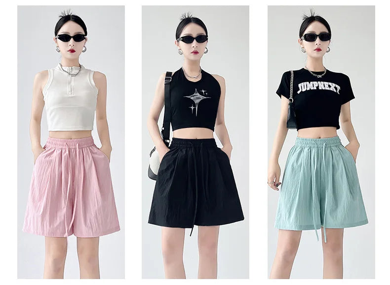 Summer Women Shorts Casual Solid Two Pockets Elastic Waist Shorts high Waist Loose Shorts For Girls Soft Female Beach Shorts