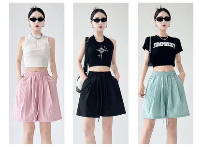 Summer Women Shorts Casual Solid Two Pockets Elastic Waist Shorts high Waist Loose Shorts For Girls Soft Female Beach Shorts