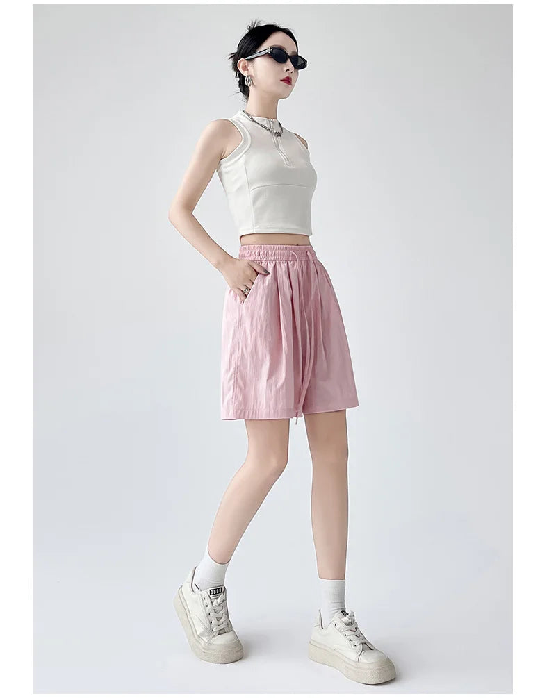 Summer Women Shorts Casual Solid Two Pockets Elastic Waist Shorts high Waist Loose Shorts For Girls Soft Female Beach Shorts