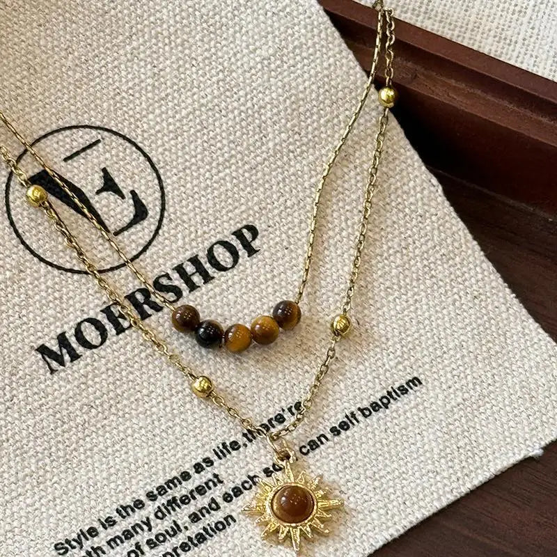 Fashion Brown Natural Stone Pendant Necklace Aesthetic Jewelry Golden Metal Chain Double-layer Necklace for Women Girls Gift