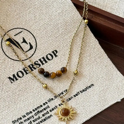 Fashion Brown Natural Stone Pendant Necklace Aesthetic Jewelry Golden Metal Chain Double-layer Necklace for Women Girls Gift