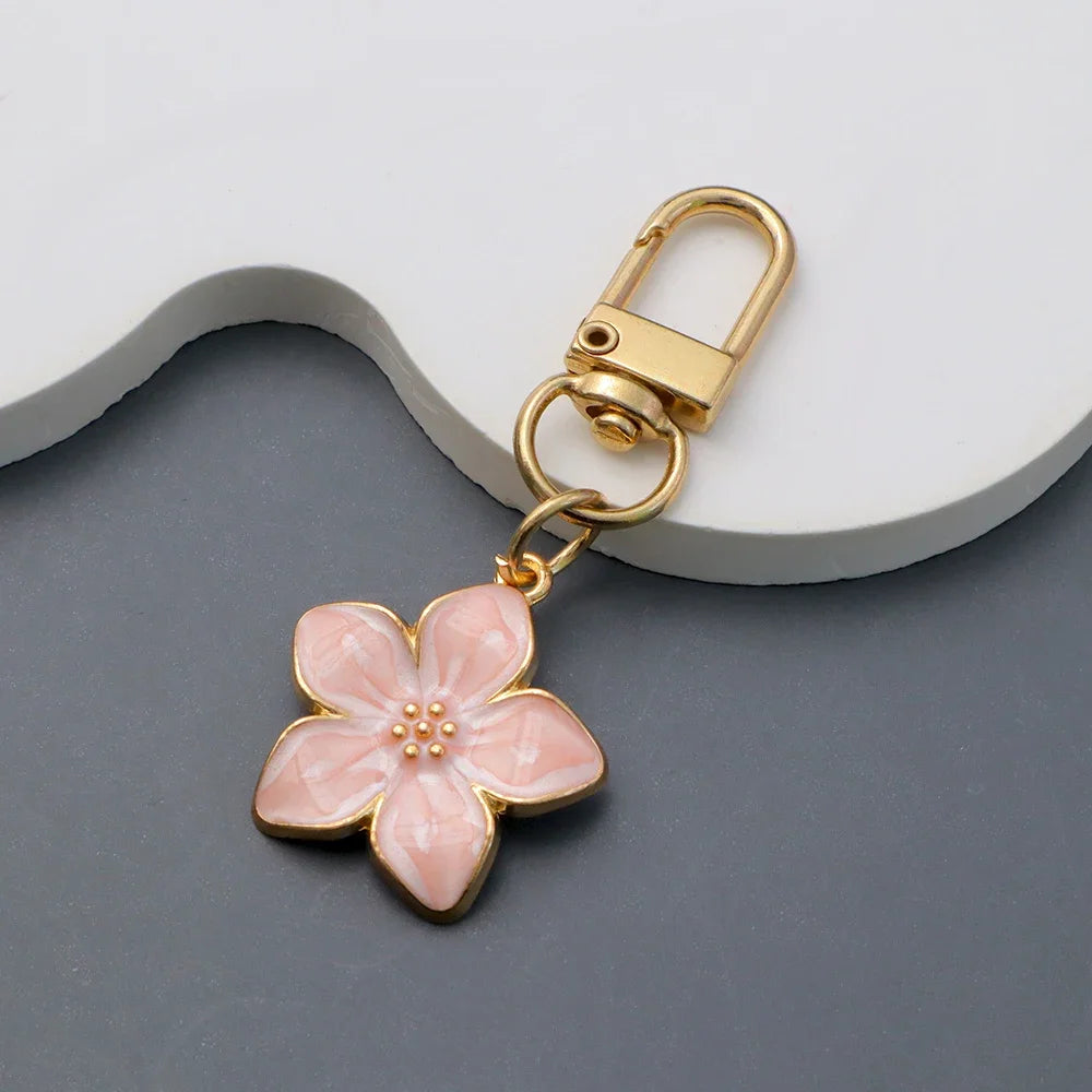 Lovely Enamel Sakura Keychain Mini Flower Keyring Handbag Pendants Car Key chain Jewelry Accessories Earphone Case DIY Ornament
