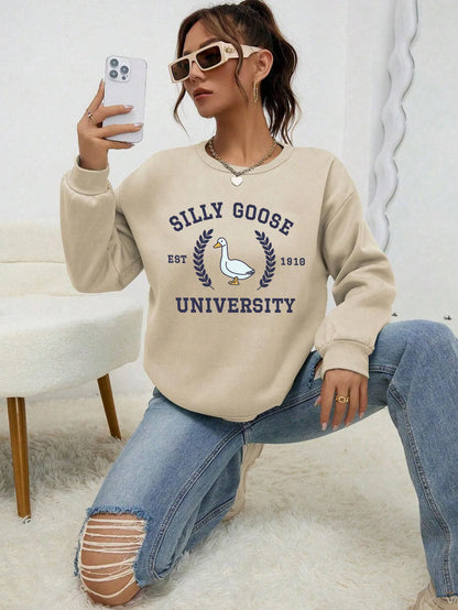Silly Goose University Est 1918 Printde Woman Sweatshirt Casual Soft Clothing Loose Trendy Pullovers Autumn Crewneck Tops