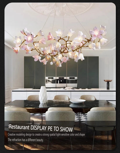 French Pink Flower Pendant Chandelier For Living Room Kitchen Island Copper Iron Branches Round Flower Pendant Light Fixture