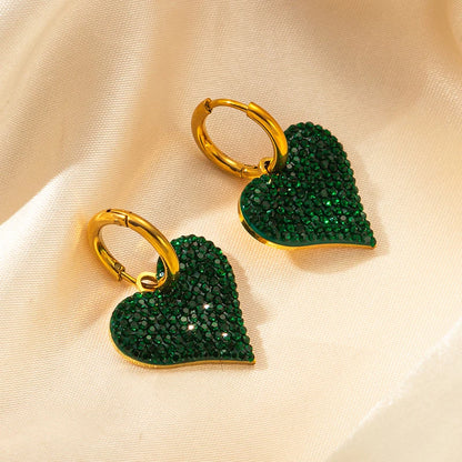 ANENJERY 316L Stainless Steel Green White Zircon Love Heart Necklace Earrings For Women Sparkling Jewelry Gifts Wholesale