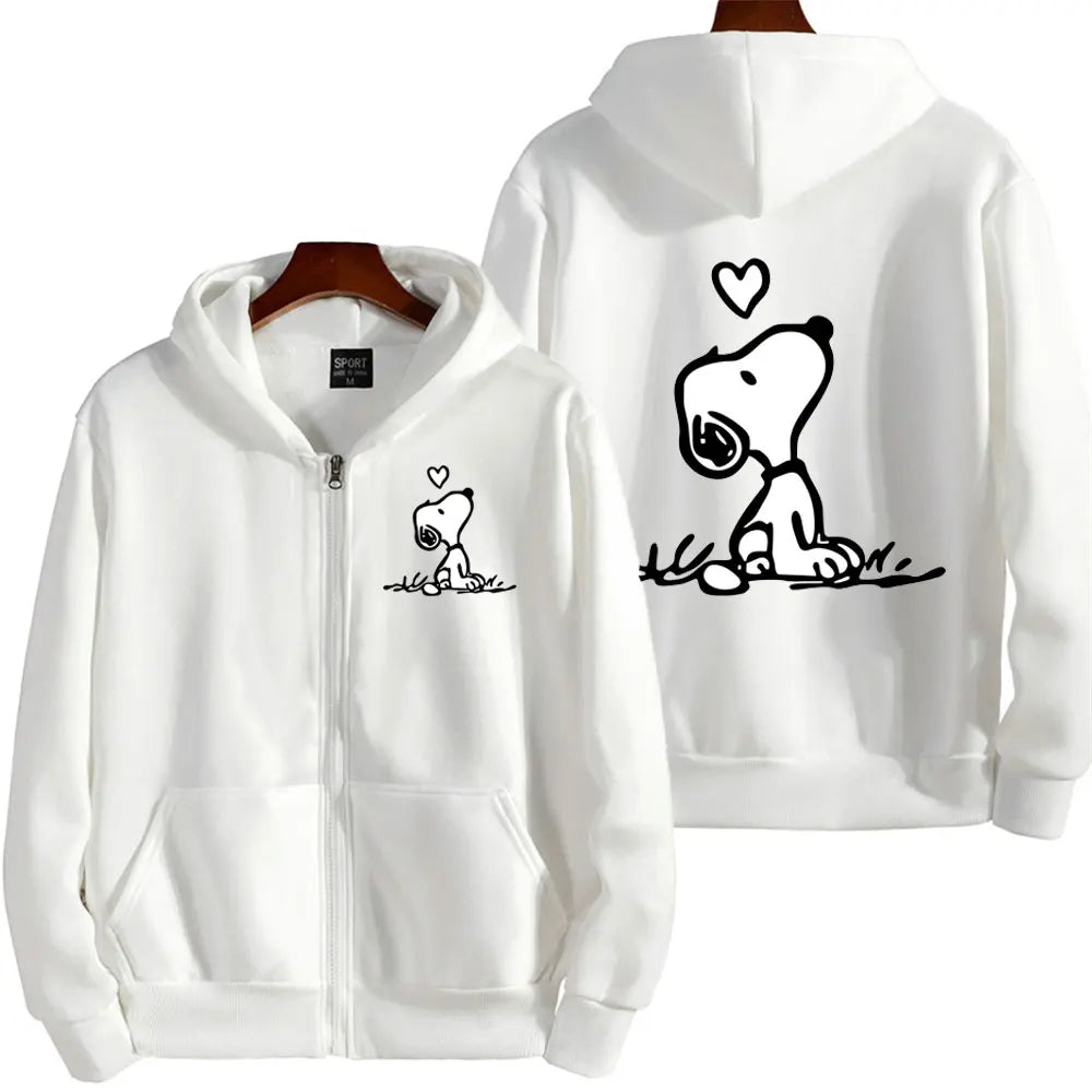 Snoopy Women Zip Up Hoodie Cartoon Anime Spring Autumn Men Oversized Sweatshirt 2024 New Fashion Khaki Couple Jackets Coats