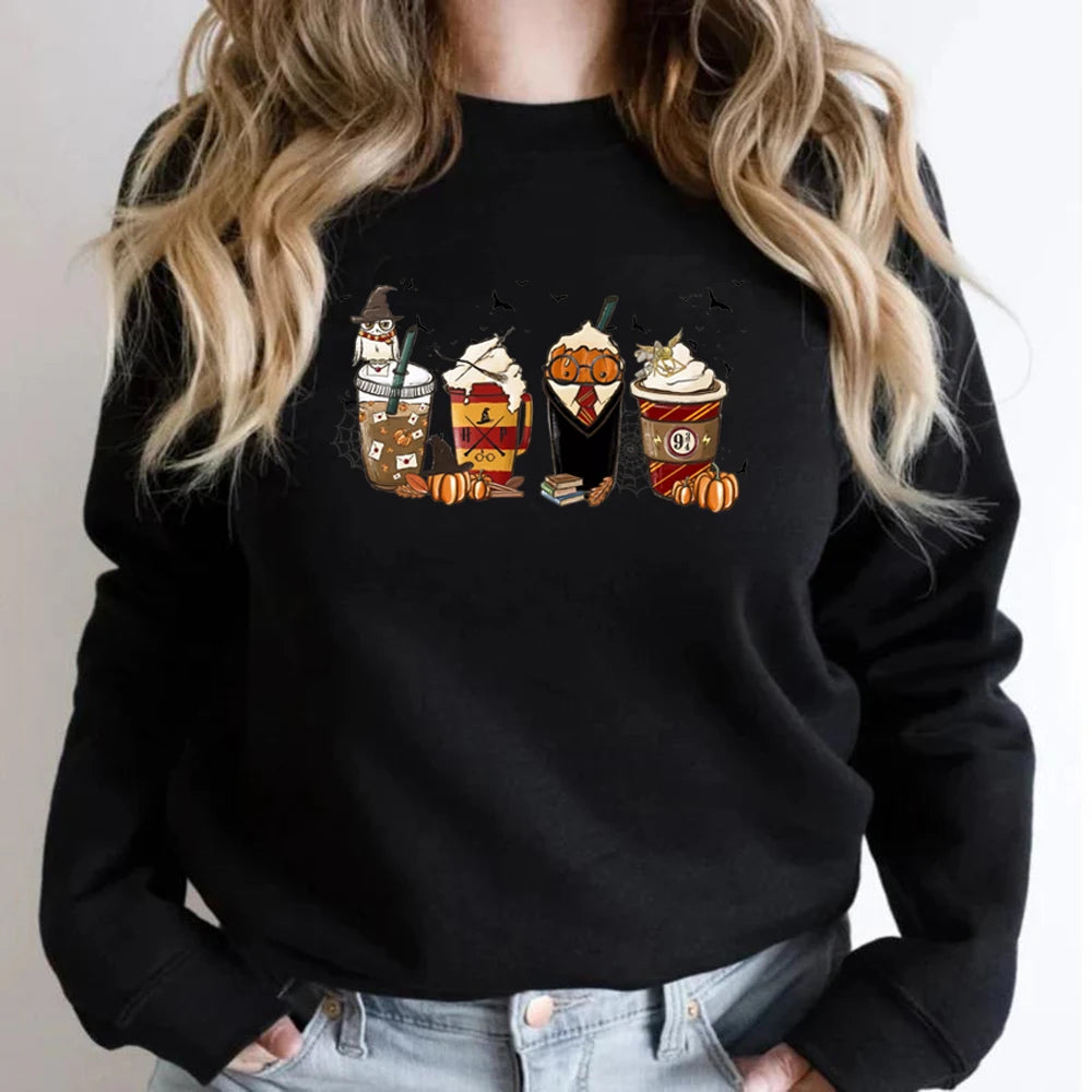 Latte Coffee Halloween Witch School Sweatshirt Fall Coffee Pumpkin Hoodies Retro Halloween Sweatshirt Vintage Halloween Gift Top