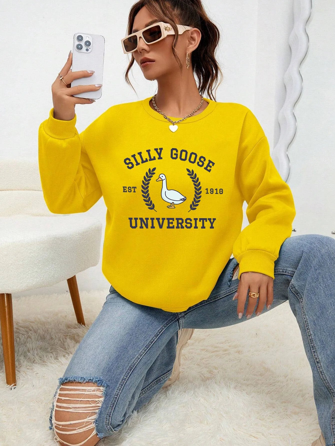 Silly Goose University Est 1918 Printde Woman Sweatshirt Casual Soft Clothing Loose Trendy Pullovers Autumn Crewneck Tops