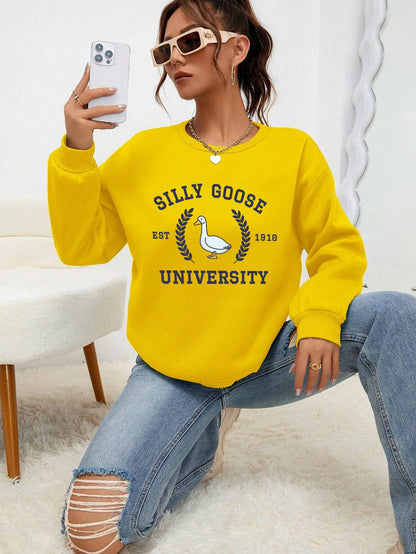 Silly Goose University Est 1918 Printde Woman Sweatshirt Casual Soft Clothing Loose Trendy Pullovers Autumn Crewneck Tops