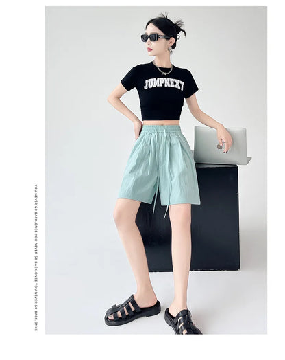 Summer Women Shorts Casual Solid Two Pockets Elastic Waist Shorts high Waist Loose Shorts For Girls Soft Female Beach Shorts