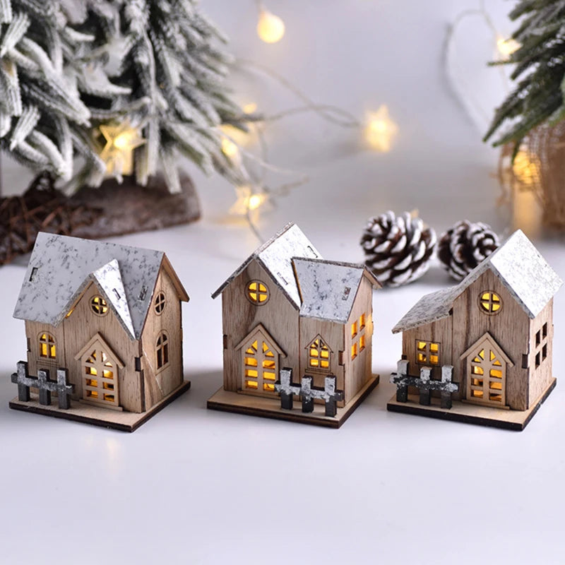 Christmas Home Decoration LED Luminous Wooden House Small House Xmas Tree Desktop Decoration Happy New Year Give Gifts Friends
