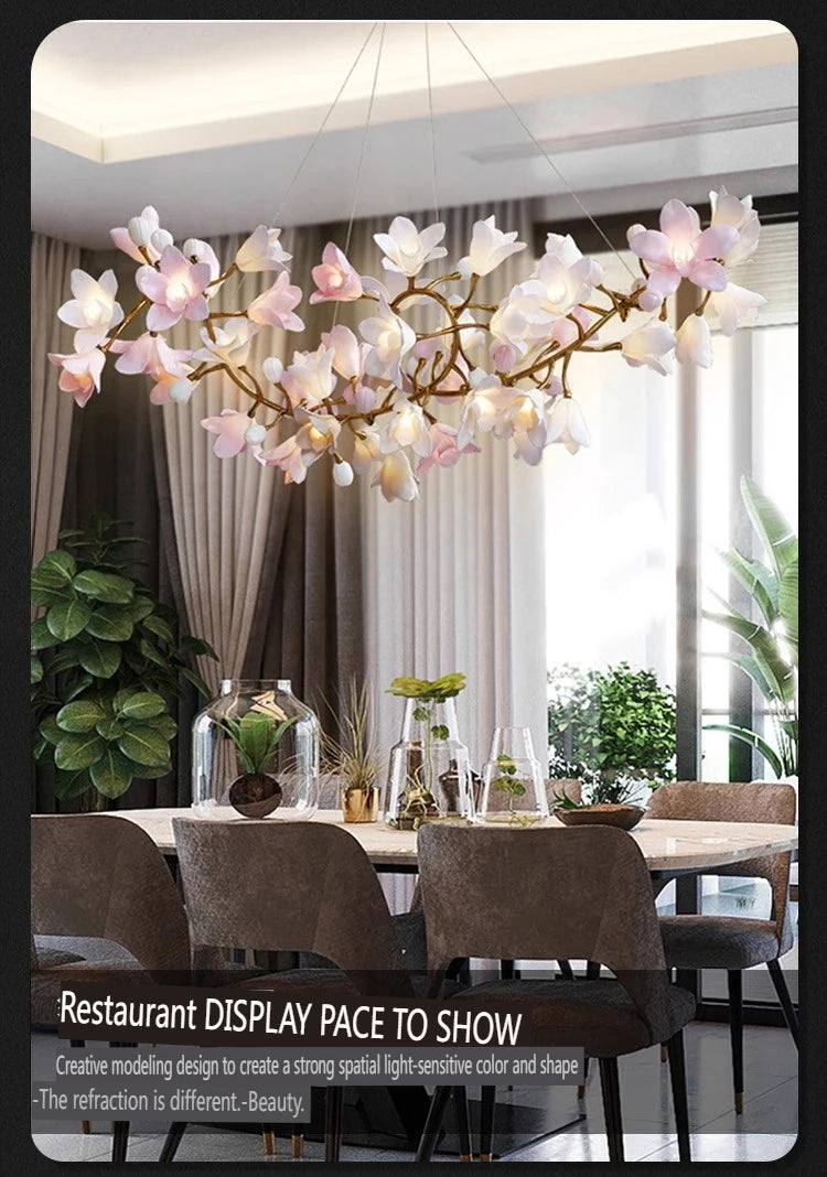 French Pink Flower Pendant Chandelier For Living Room Kitchen Island Copper Iron Branches Round Flower Pendant Light Fixture