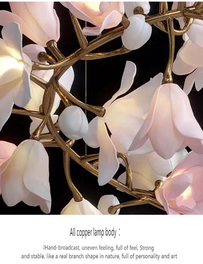 French Pink Flower Pendant Chandelier For Living Room Kitchen Island Copper Iron Branches Round Flower Pendant Light Fixture