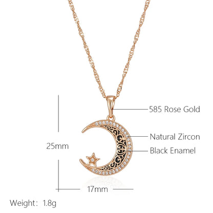 Kinel Trend Black Enamel Stars Moon Pendant Necklace for Women 585 Rose Gold Color With Natural Zircon Fine Daily Ethnic Jewelry